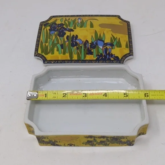 Trinket Box Ceramic Cover Floral Purple Iris Enesco 1979 Jewelry Yellow Gold 6" - Picture 5 of 9